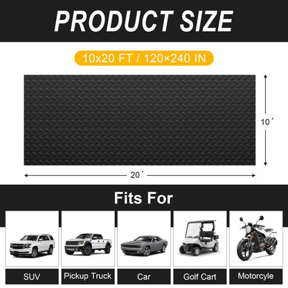 Grandroad auto 10x20 FT Garage Floor Mat, 2.8mm Thickened Flooring Roll for Under Car Diamond Plate PVC Rubber Mat with 20 Pcs Tapes, Non-Slip Floor Mat for Garage, Warehouse, Gyms, Trailer, Black
