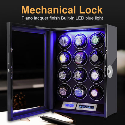 SNEOLTJN Watch Winder for 12 Slots Automatic Watches, Ultra-Quiet Japanese Motors, Built-in LED Illumination and LCD Touchscreen Control