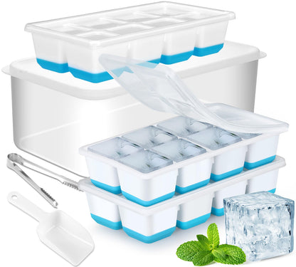 Large Ice Cube Tray with Lid and Bin, Jrisbo Silicone Big Square Ice Cube Molds for Freezer, 3 Pack Stackable Huge Cubed Ice Trays with Ice Tong, Ice Scoop for Whiskey Cocktails Soups Frozen Treats
