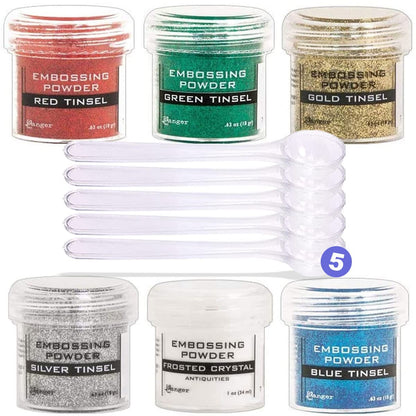 Ranger Metallic Embossing Powder Set, Embossing Powder Spoons, Red Tinsel, Green Tinsel, Gold Tinsel, Silver Tinsel, Frosted Crystal and Blue Tinsel