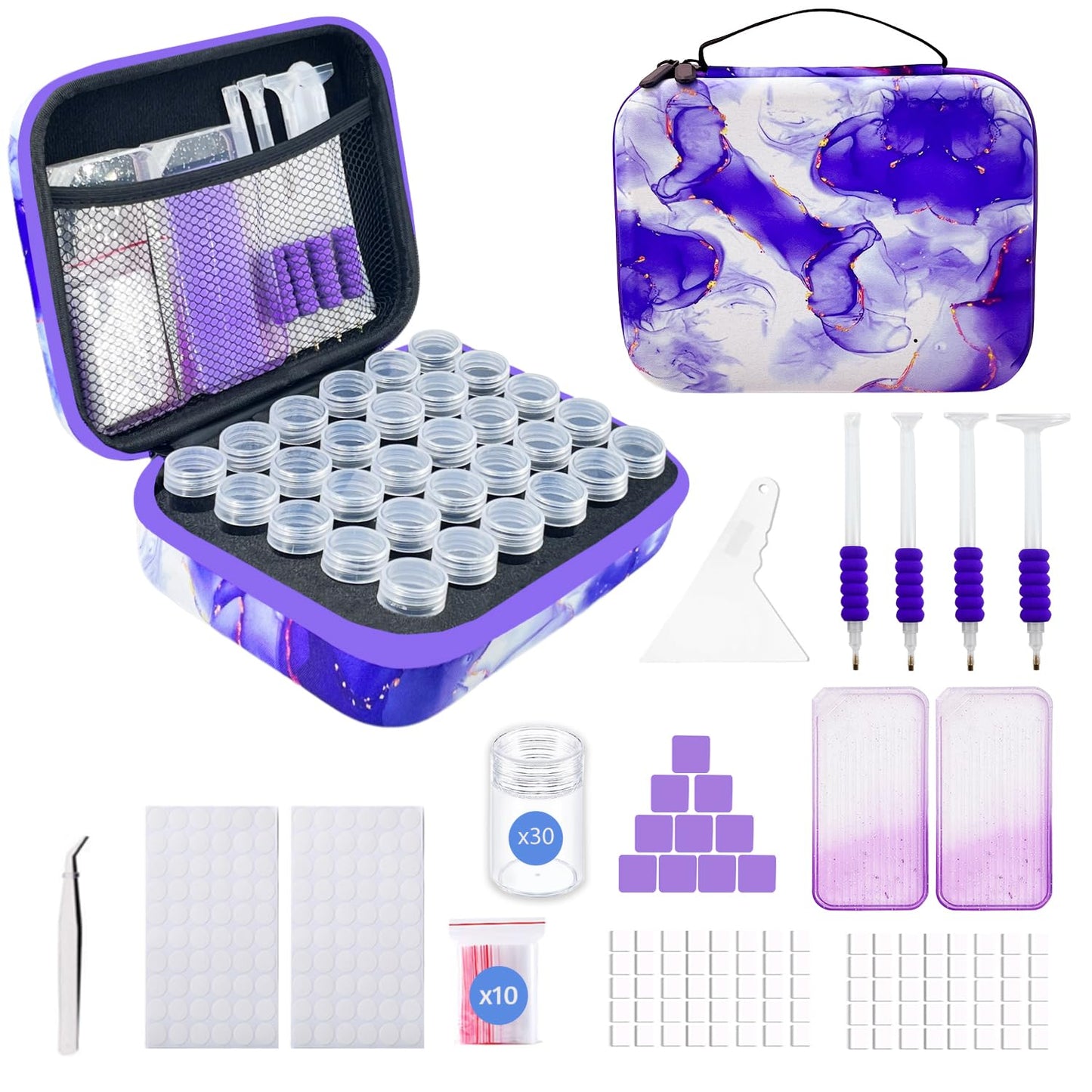 SuSentak Diamond Art Storage Containers with Dot Drill Tools,30 Slots Bead Organizer Case for 5D DIY Art Kits, Portable Craft Box for Diamond Painting Accessories (Purple)