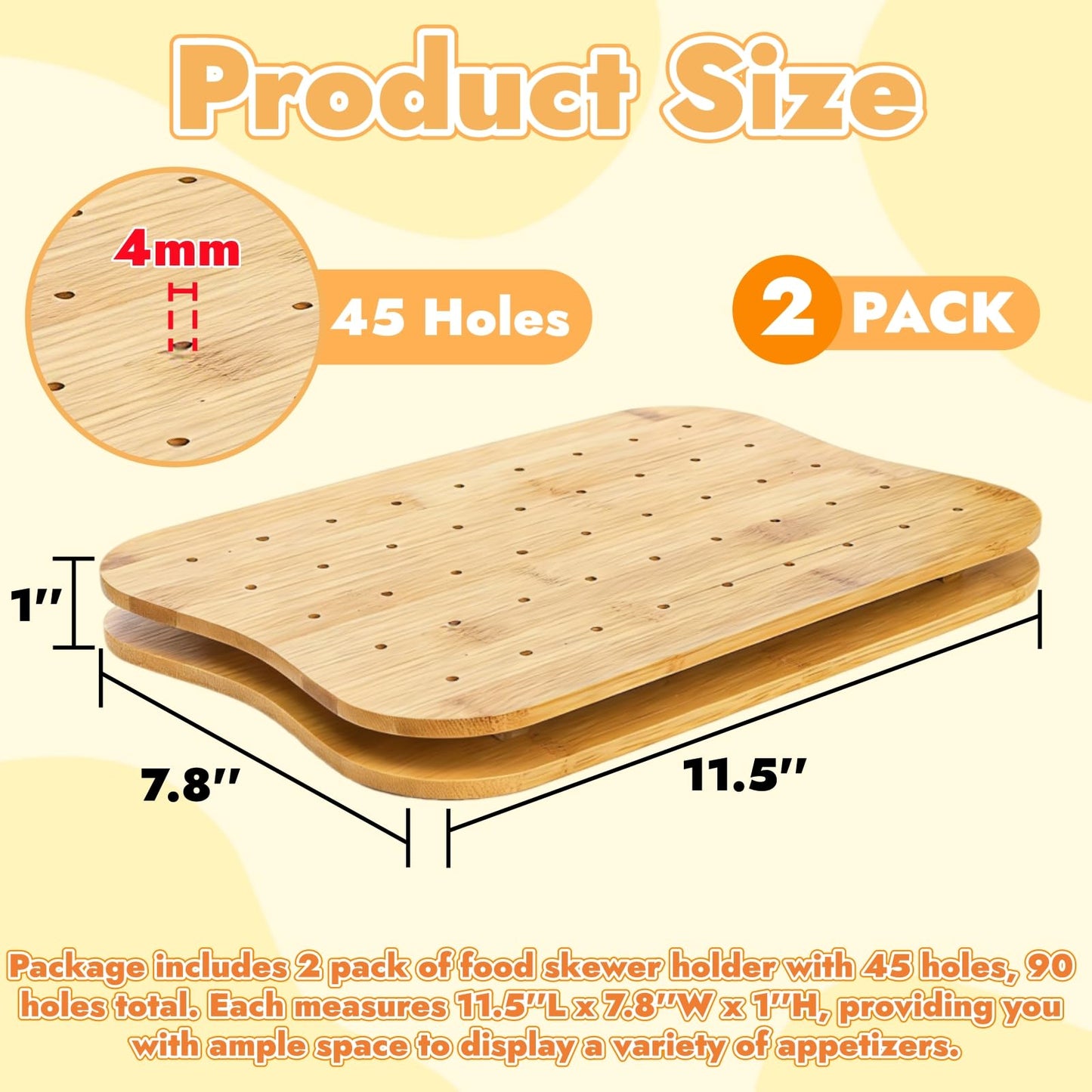 Acshio 2 Pack Bamboo Skewer Holder, 90 Holes Fruit Kabobs Cocktail Pick Stand, Appetizer Food Display Serving Curved Board for Party, Buffet, Catering Event