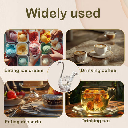 Decorative Gold Swan Base Holder with 6pcs Coffee Spoon Set - Creative Dessert Spoons,Silver
