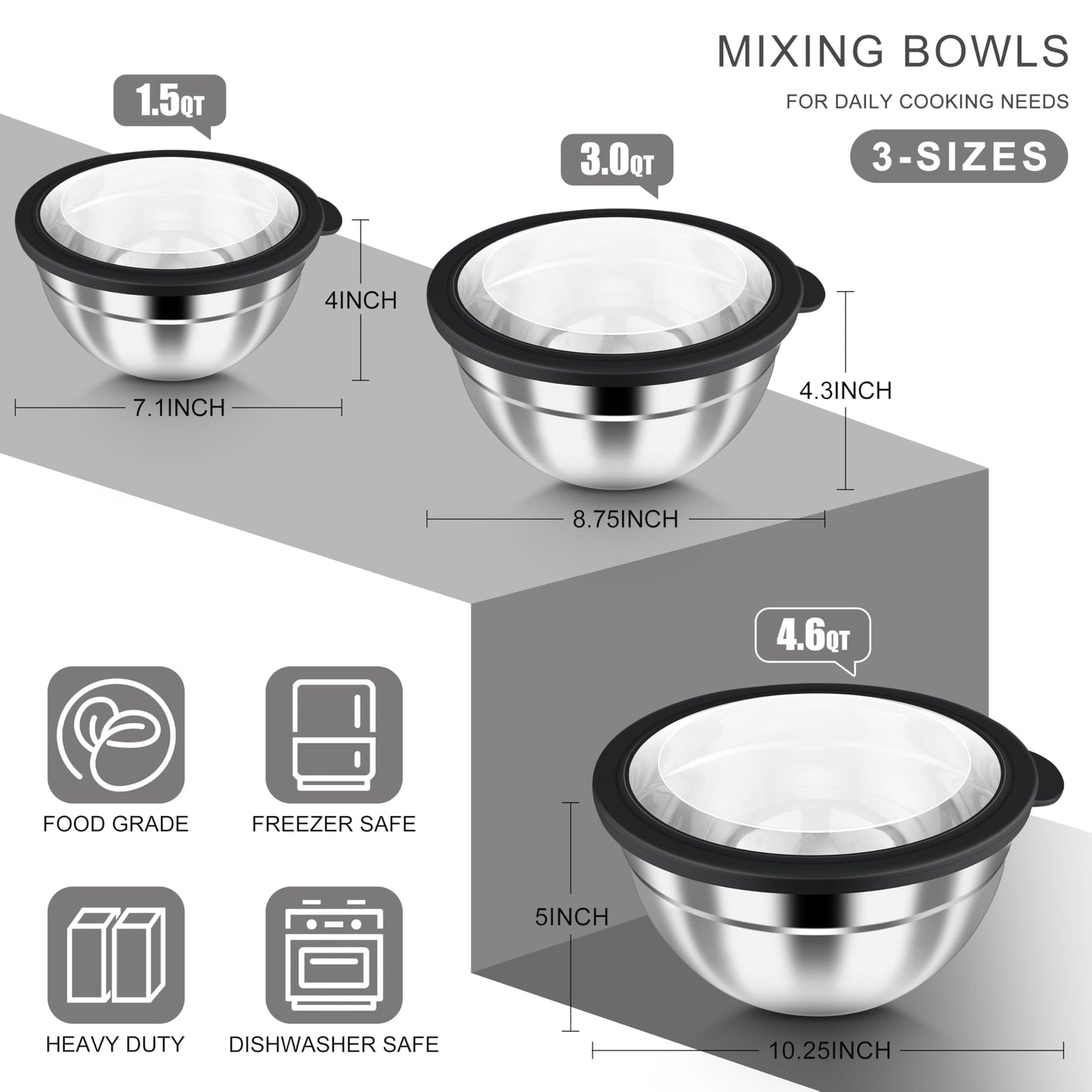 HaWare Mixing Bowls with Airtight Clear Lids, 6-Piece Stainless Steel Strong Nesting Bowls Set, Metal Salad Bowl for Cooking, Prepping, Baking, Serving & Food Storage, Size 4.6, 3, 1.5QT, Black