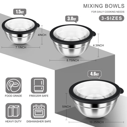 HaWare Mixing Bowls with Airtight Clear Lids, 6-Piece Stainless Steel Strong Nesting Bowls Set, Metal Salad Bowl for Cooking, Prepping, Baking, Serving & Food Storage, Size 4.6, 3, 1.5QT, Black