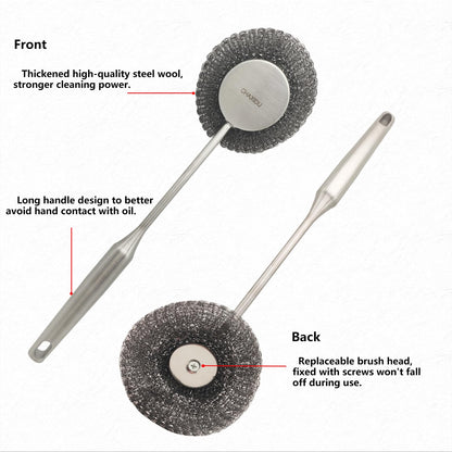 CHAXIDU Stainless Steel Wool Scrubber Set, Long Handle & Handle Brushes,Metal Brush for Pots, Pans, Grills & Cutlery Cleaning (3 Pack)