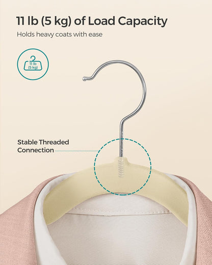 SONGMICS Velvet Hangers - 50 Pack Non-Slip Suit Hangers with Shoulder Notches & 360° Swivel Hook - Sand Beige