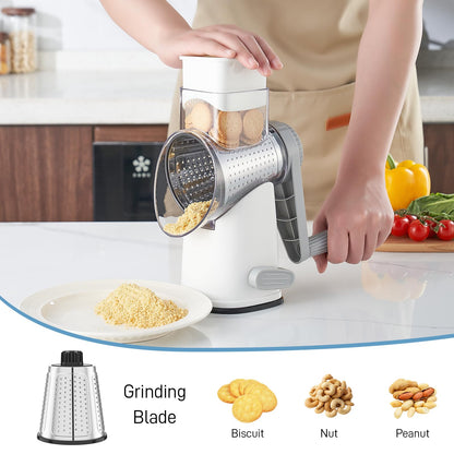 VEKAYA Rotary Cheese Grater Hand Crank with 4 Interchangeable Stainless Steel Blades, Large Manual Handle Shredder and Waffle Slicer for Vegetables, Cheese and Nuts with Table Suction Base(White Grey)