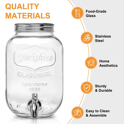 1 Gallon Glass Beverage Dispenser with Lid, Stainless Steel Spigot, Glass Drink Dispensers for Parties, Lemonade Dispenser With Ice Cylinder for Weddings, Party,Sun Tea Jar, Water Juice Dispensers