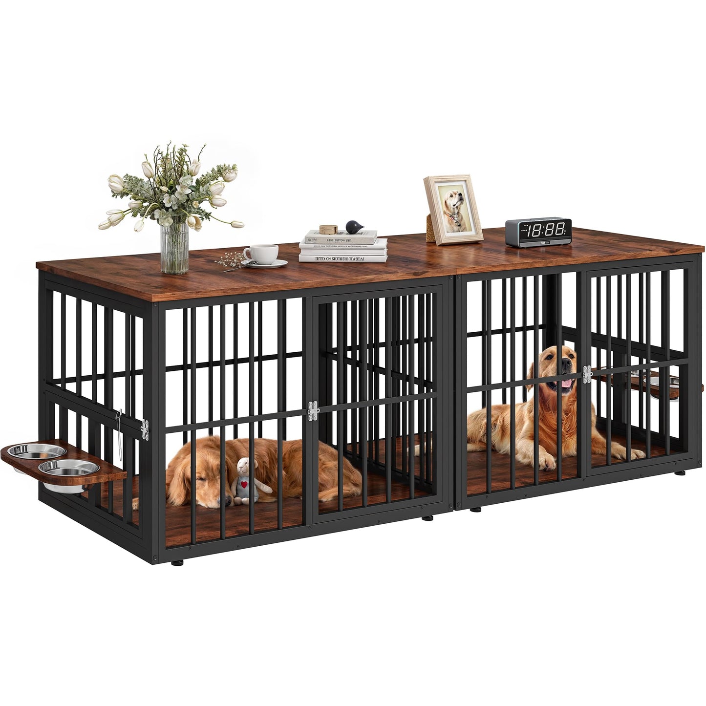88.6" Large Dog Crate Furniture, Wooden Dog Kennel with Bowls & 3 Doors, Double Crate Furniture TV Stand for Medium Large Dogs, Brown