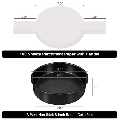 AWTBDP 8 Inch Cake Pan Set of 3, Nonstick Baking Pans Set with 100PCS Pre-cut Parchment Paper for Layer Cakes, Durable Round Cake Pans Sets for Baking for Birthday Christmas, Dishwasher Safe