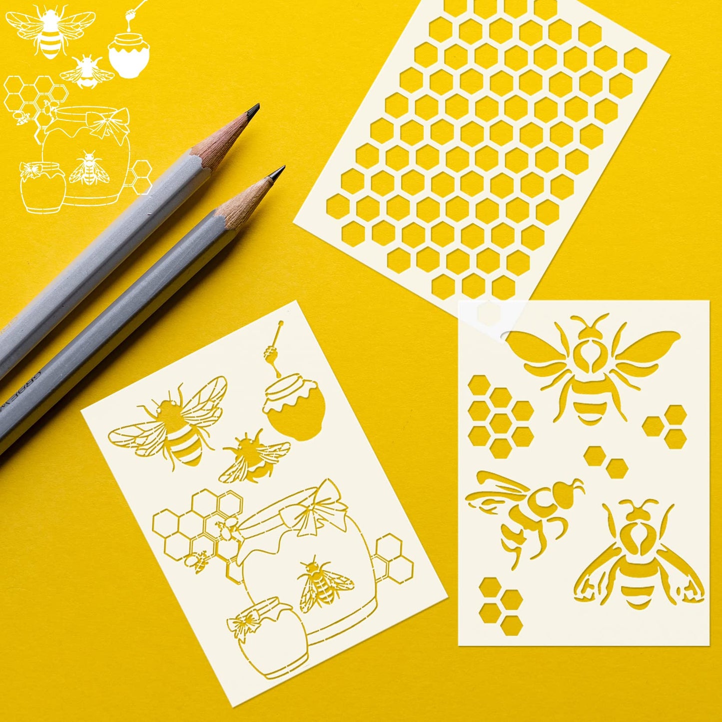 8 Pcs Bee Stencils for Painting on Wood, Honeycomb Hexagon Drawing Template Honey Comb Bee Stencil for Wall Canvas Furniture DIY Crafts Decorative Wood Burning (Honeycomb)
