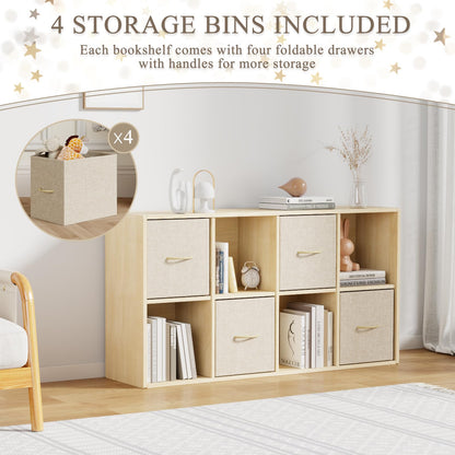 8 Cube Storage Organizer - Solid Wood Bookshelf with 4 Storage Bins, Cube Shelf with 2 Removable Back Panels, Vertical or Horizontal Bookcase, Open Book Shelf for Bedroom, Living Room, Office