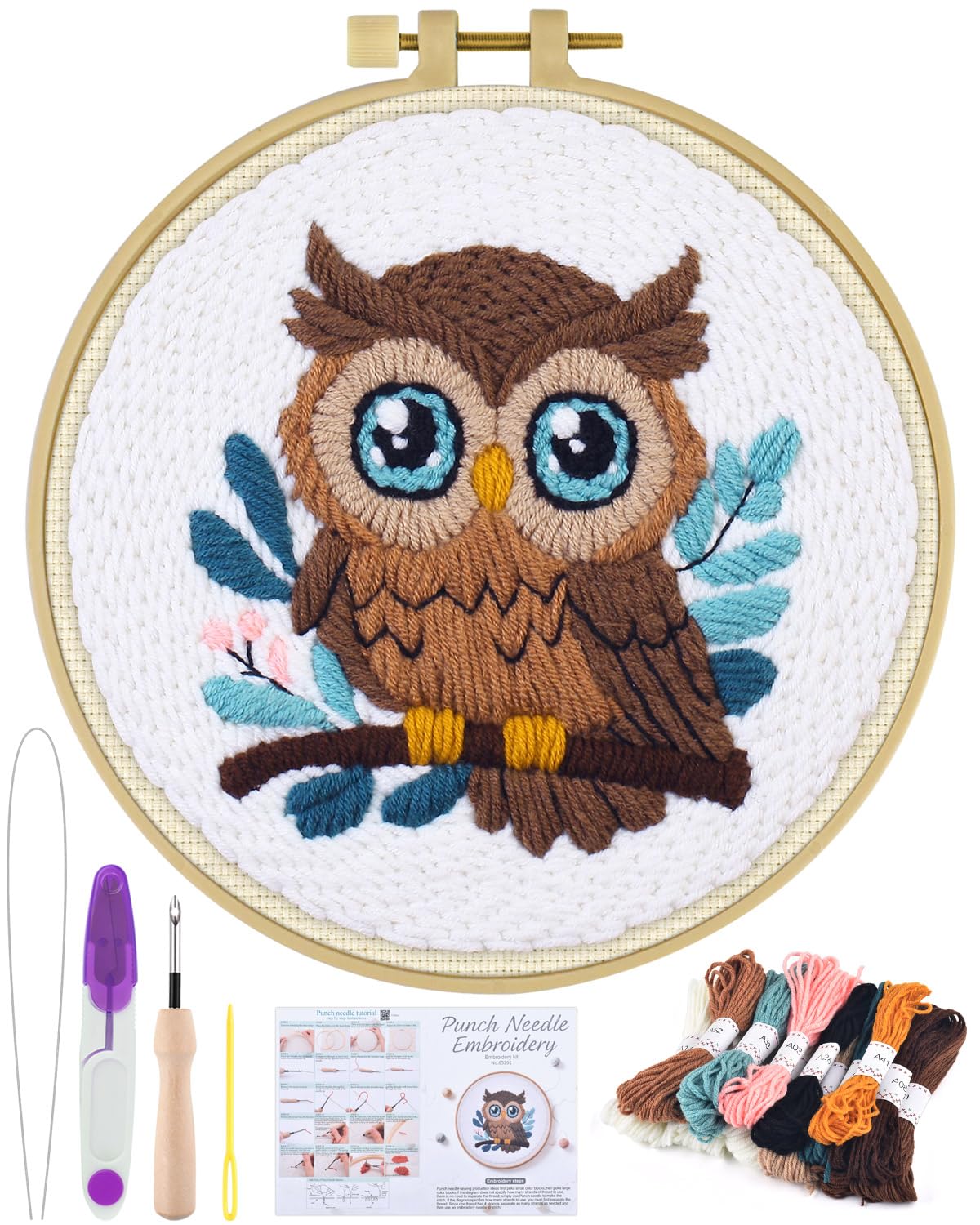 ERKOON Punch Needle Kit for Beginners Adults, DIY Easy Animal Embroidery Set for Starter Art Craft, Needling Punch Project with Patterns, Tools, Yarns, Hoop, Instruction (Owl)
