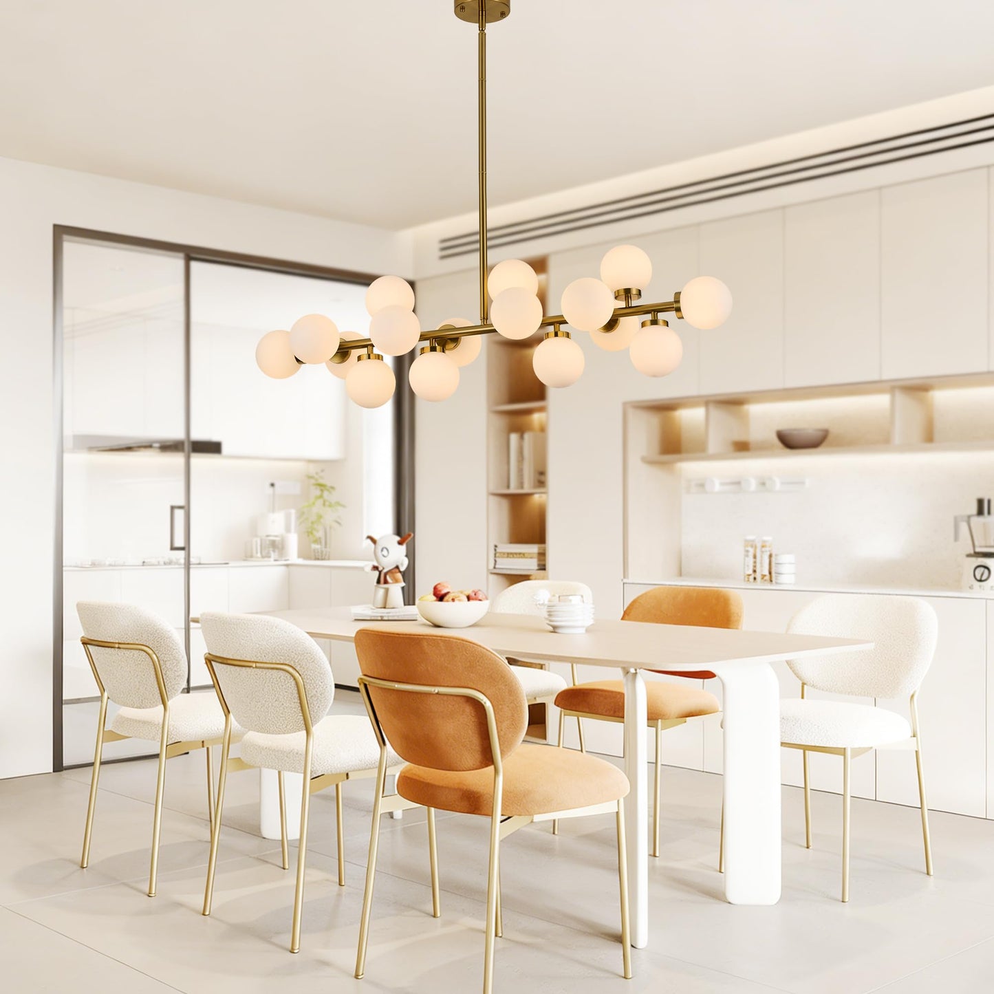 XILICON Linear Chandeliers Modern Brushed Brass Chandeliers for Dining Room 16-Lights and White Glass Pendant Lighting Mid Century Globe Dining Light Fixture for Living Room Kitchen