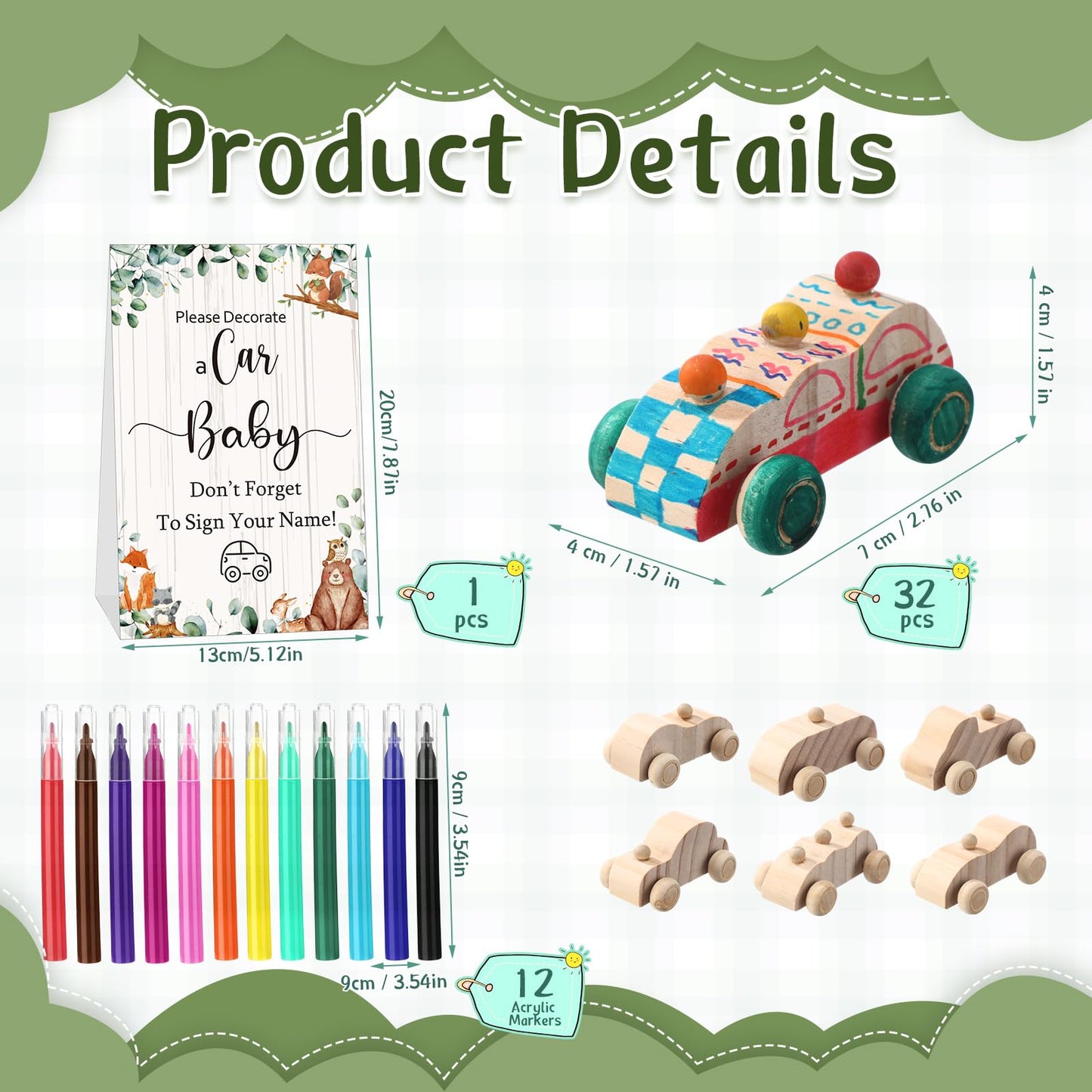 WinnerWhy Baby Shower Game Sign Kit Includes 32 Unfinished Wooden Car Blocks, 12 Markers, and a Prize Decoration Sign for Baby Shower(Animal) Bridal Party Gifts(Animal)