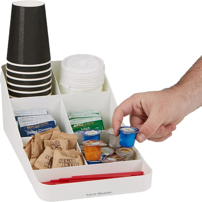 Mind Reader Coffee Condiment Storage Organizer, 7 Compartment for Cups, Lids, Sugars, Stirrers, White