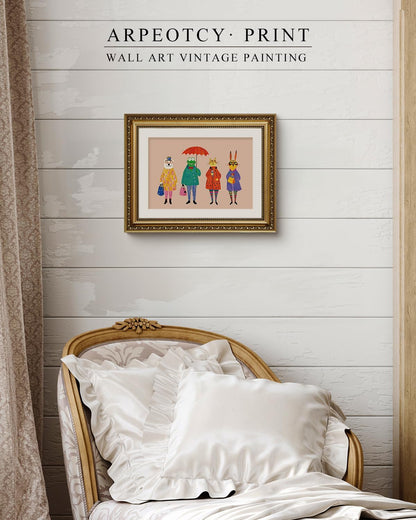 11x14 ARPEOTCY Framed Canvas Wall Art, Whimsical Animal Family Illustration, Storybook Style Wall Decor for Nursery