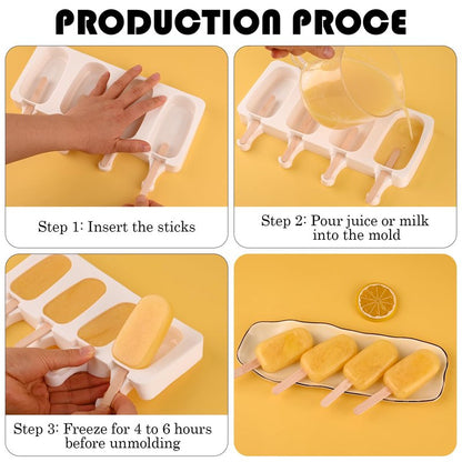 Sakolla Mini Popsicle Silicone Molds, 4 Cavities Homemade Ice Cream Molds with 100 Wooden Sticks for Ice Pop, Cakesicles, Cake Pop (Set of 3, White)