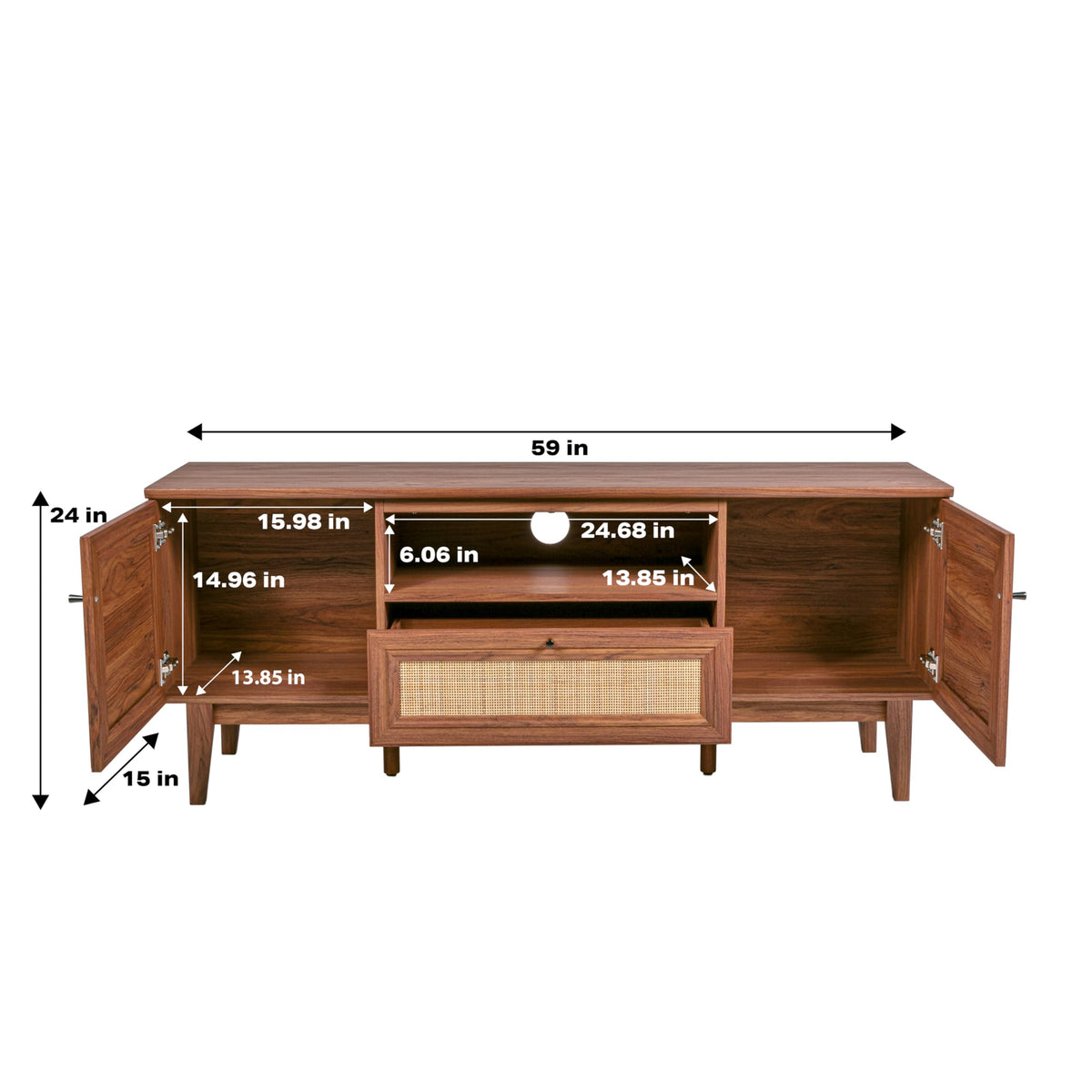 JONATHAN Y Finley 59" Mid-Century Walnut Rattan TV Stand for TVs up to 65 Inch, Wood Media Console with Woven Cane Soft-Close Doors and Drawer, Bohemian Entertainment Center for Living Room TVS1002B