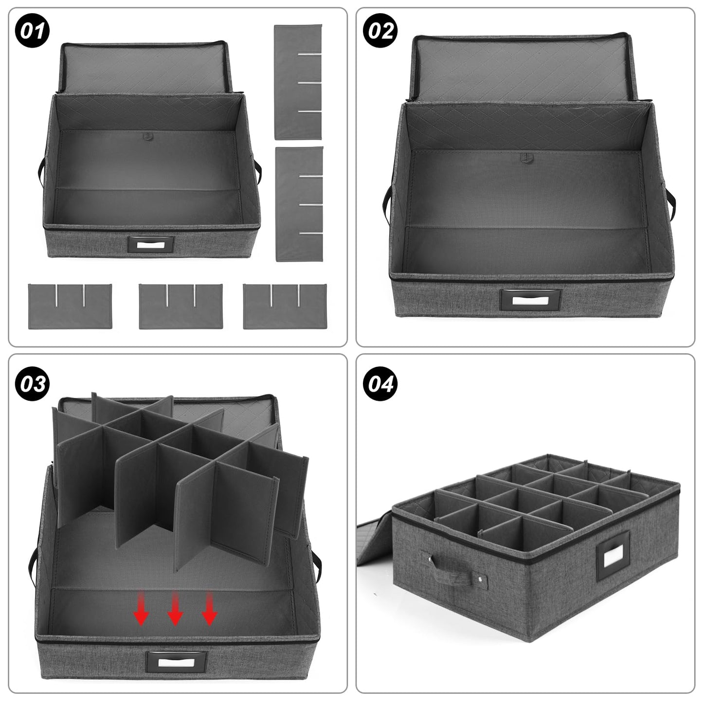 Mayniu 2 Pack Mug Storage Box with Dividers, Hard Top Cup Storage Containers for Coffee Mug & Tea Cup, Stackable Coffee Mug Storage Organizer with Zipper Lid & Rivet Reinforced Handles – Black