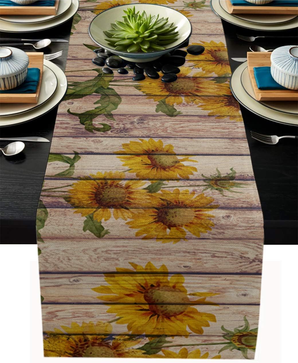 Sunflowers Rustic Table Runner - Cotton Linen Long 90 inch Dresser Scarves, Farmhouse Tablerunner for Kitchen, Coffee,