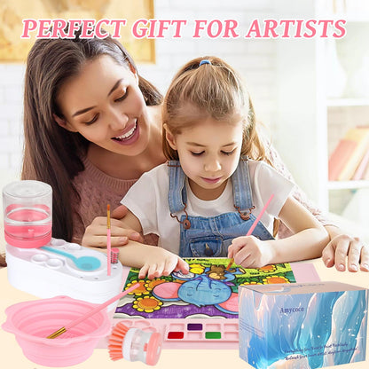 Painting Station, Silicone Painting Mat 20"X16" and Paint Brush Cleaner (Pre-Assembled), 10 Paint Brushes and Foldable Silicone Paint Brush Cleaner Bowl, for Artist Kids Adults Birthday Gifts (Pink)