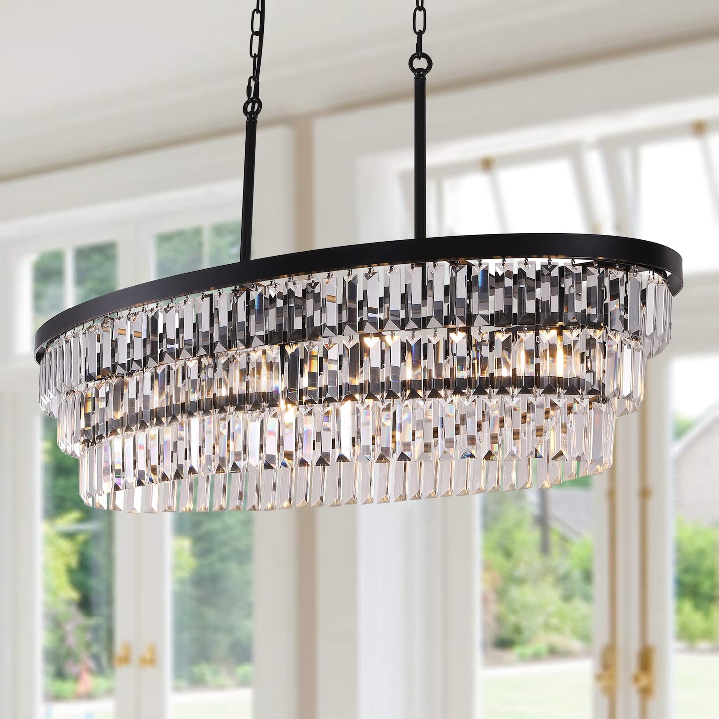 TOCHIC Chandelier 40 inch, Farmhouse Black Crystal Chandelier, Kitchen Island Lighting, Dining Room Light Fixture for High Ceiling, Modern Linear Oval Chandeliers for Living Room, Office Area, Bar