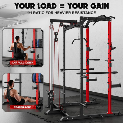 Goimu C1-V4 Power Cage, 2000LBS Squat Rack with LAT Pulldown, Multi-Function Weight Cage Strength Training Machine, Workout Cage with More Attachments for Home Gym Garage (220LBS RD Home Gym Package)