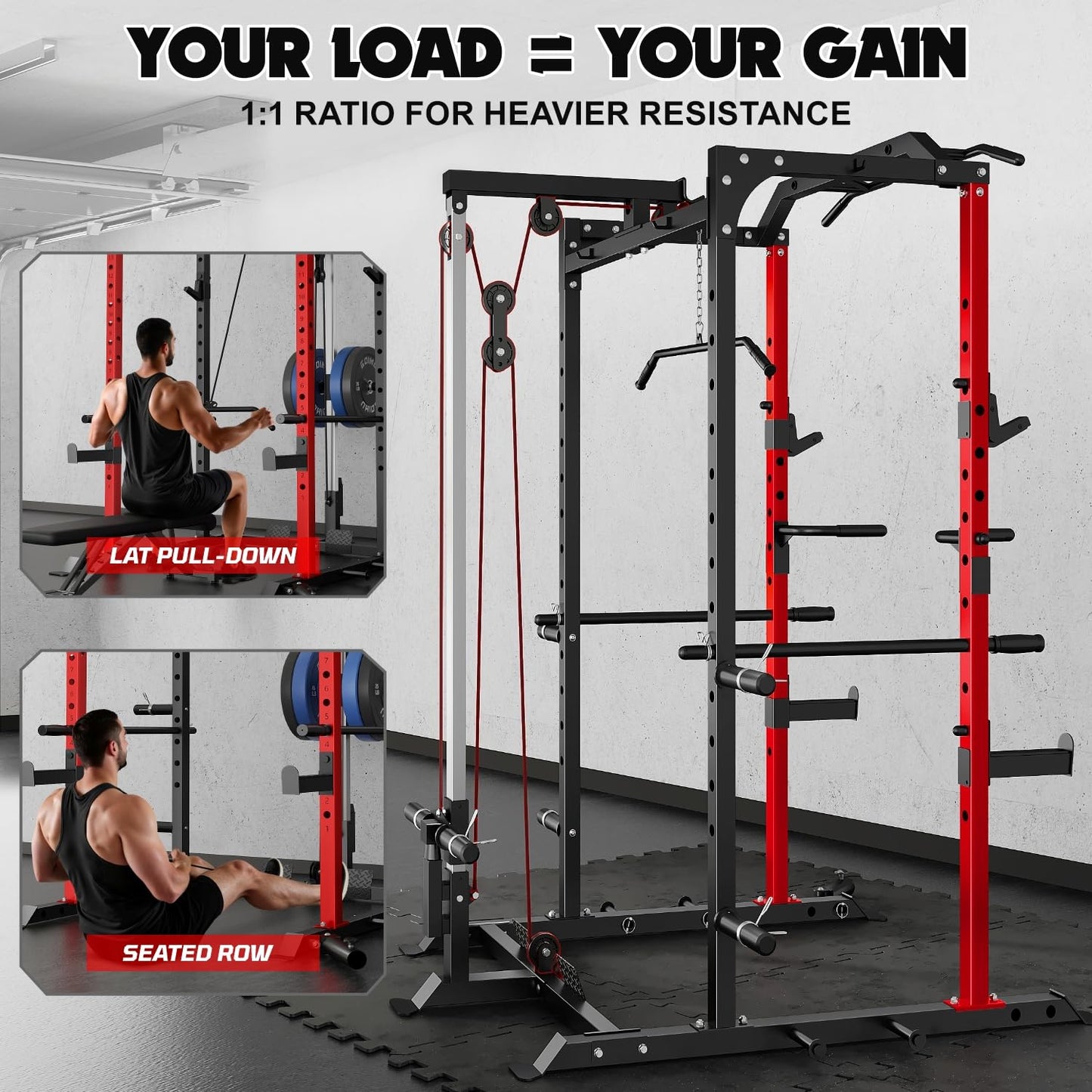 Goimu C1-V4 Power Cage, 2000LBS Squat Rack with LAT Pulldown, Multi-Function Weight Cage Strength Training Machine, Workout Cage with More Attachments for Home Gym Garage (RD Power Cage C1)