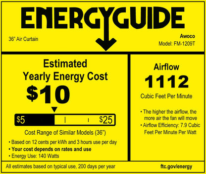 Awoco 36" FM-1209T 1100 CFM Slim Indoor Air Curtain, CE Certified, 120V Unheated with Remote Control and Magnetic Switch, Powerful, Quiet, Small Body, Light Weight