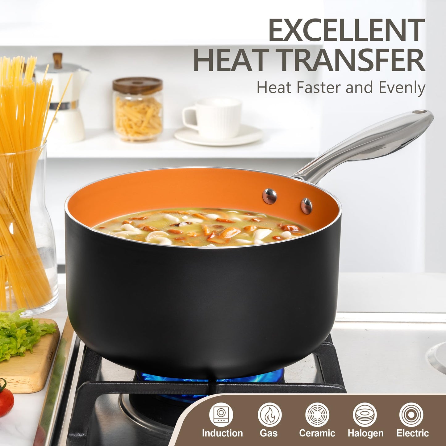 MICHELANGELO 4 Quart Saucepan with Lid - Ultra Nonstick Sauce Pan with Ceramic Coating, 4 Qt Non Stick Pot Induction Compatible, Copper