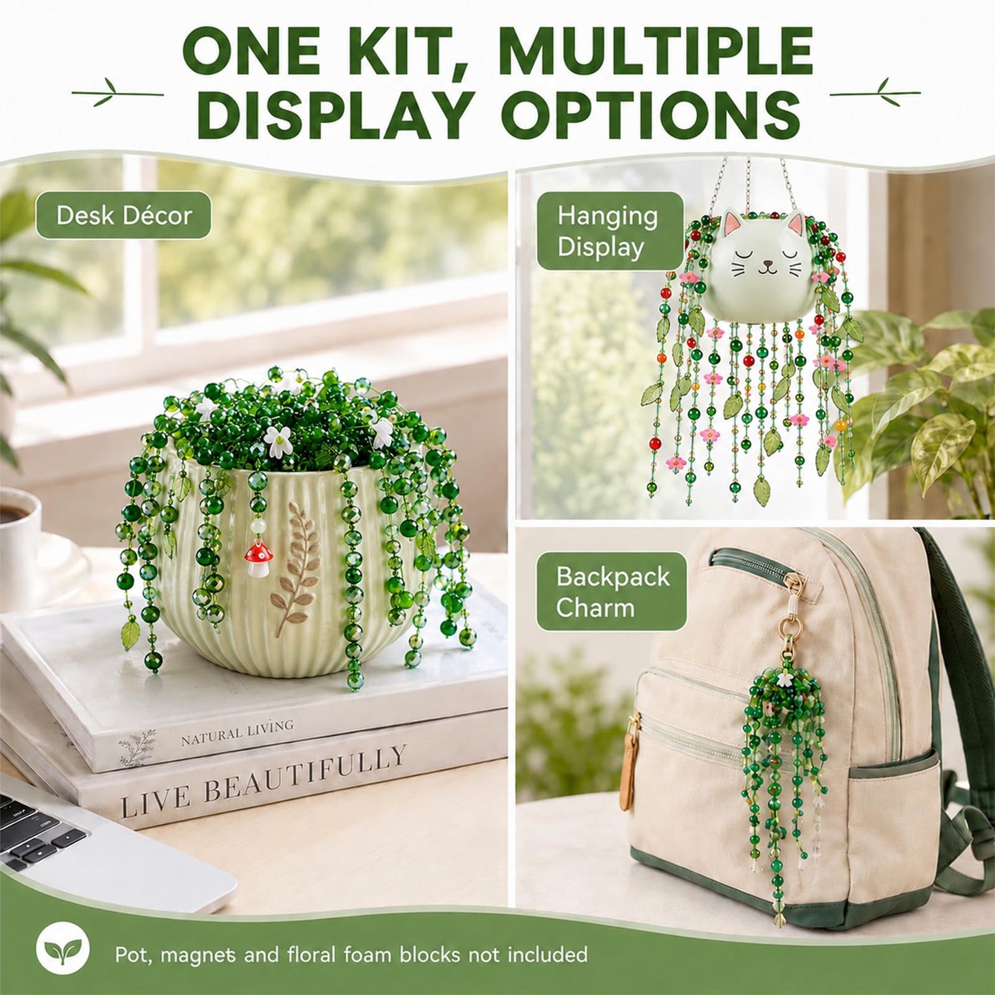 Scvotier Beaded Plant Kits with Wire and Beads, All-in-One Green Glass Beaded Plant DIY Craft Kit with Tools & Instructions - Create Your Own Hanging Green Decor, Relaxing Handmade Gift