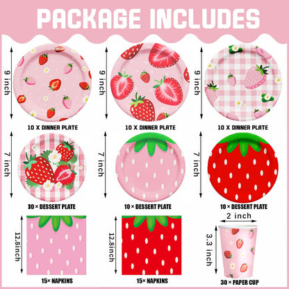 120PCS Strawberry Birthday Decorations, 7 and 9 Inch Strawberry Paper Plates, Cups, and Napkins Tableware Set for Summer Baby Shower Sweet Berry First Birthday Decorations Party Supplies, Serve 30