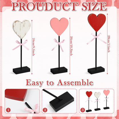Yerliker 3 Pcs Valentine's Day Wooden Hearts Shape Sign, Valentines Day Farmhouse Table Decor, Rustic Pink Heart Shaped Standing Block, Love Signs for Centerpieces Wedding Party Favor Supplies