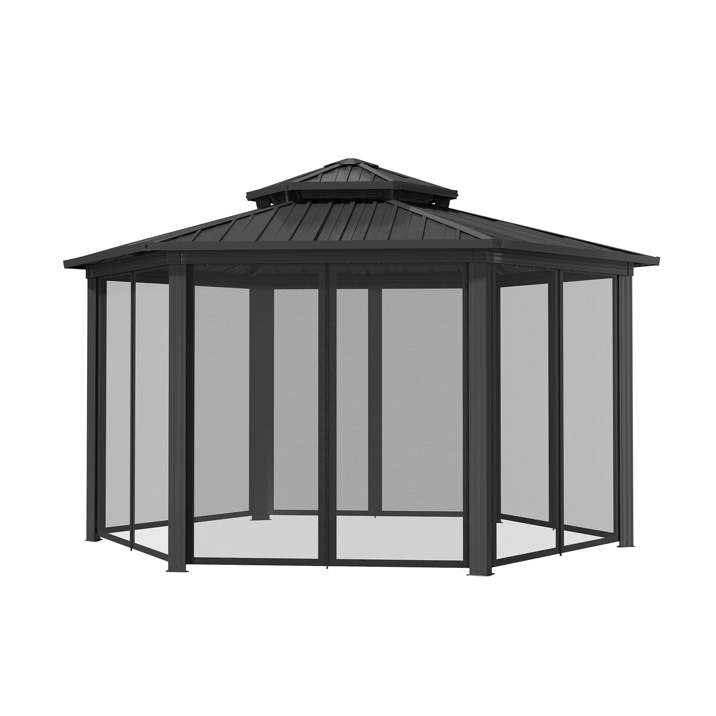 15x15FT Hexagon Hardtop Gazebo Heavy Duty Aluminum Frame Outdoor Gazebo Pergola Pavilion with Galvanized Steel Double Roof, Nettings & Ceiling Hook for Patio Backyard Deck Lawns