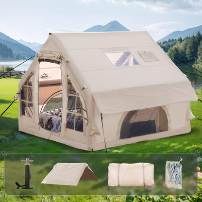 Romantic Camp Inflatable Camping Tent with Pump,4-6 Person Waterproof Blow Up Air Tent for Camping Hiking,Easy to Set Up 4-Season Inflatable House Tent with Oversized Canopy(75FT²).