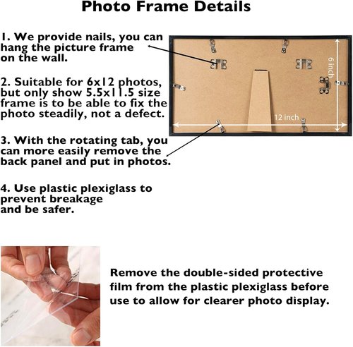 JCJMY 6x12 Picture Frame - Black Wall Mount for Horizontal or Vertical Display | Shatter-Resistant Plexiglass