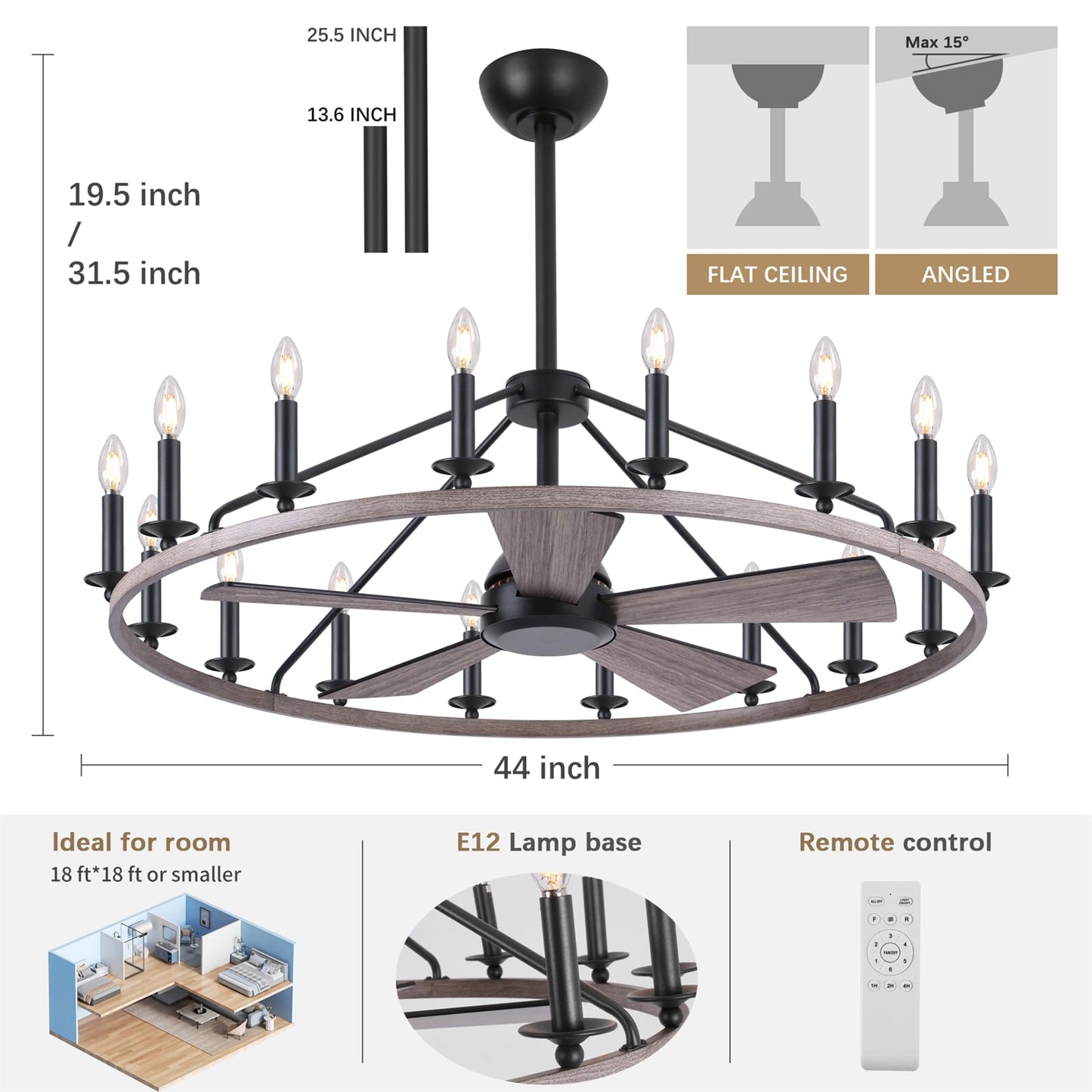 44" Wagon Wheel Chandelier with Fans, Wagon Wheel Ceiling Fan with 16-Lights and Remote, Farmhouse Chandelier for Living Room Dining Room, Adjustable Height, 6-Speed Reversible Quiet Large Fandelier