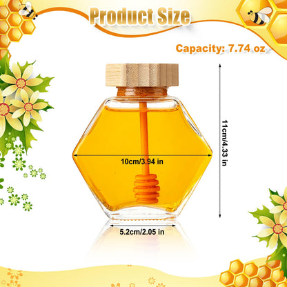 Sunnyray 20 Pcs Glass Honey Jars with Dipper Hexagonal Clear Glass Dispenser Small Honey Containers Bottle with Wooden Dipper and Cork Lid for Home Storage Kitchen (220 ml)