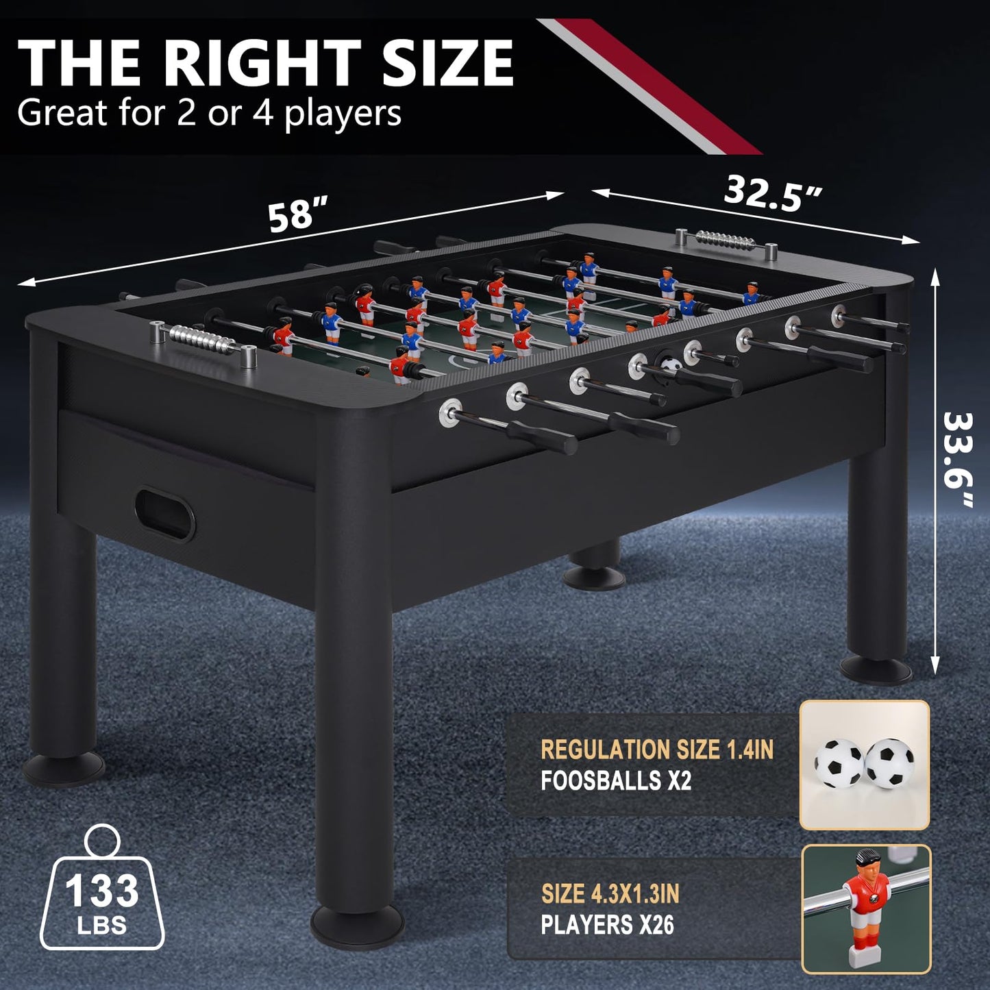 RAYKEEP 58 Inch Foosball Table, Full Size Competition Soccer Game Table for Adults & Kids, Heavy-Duty Indoor Arcade Table for Game Rooms & Parties (Black-58inch)