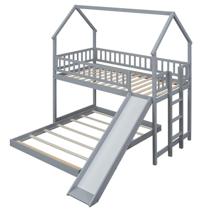 Bellemave Twin Over Full Bunk Bed with Slide and Built-in Ladder, House Shaped Solid Wood Bunk Beds with Full-Length Guardrail for Kids,Teens, Adults, No Box Spring Required, Gray