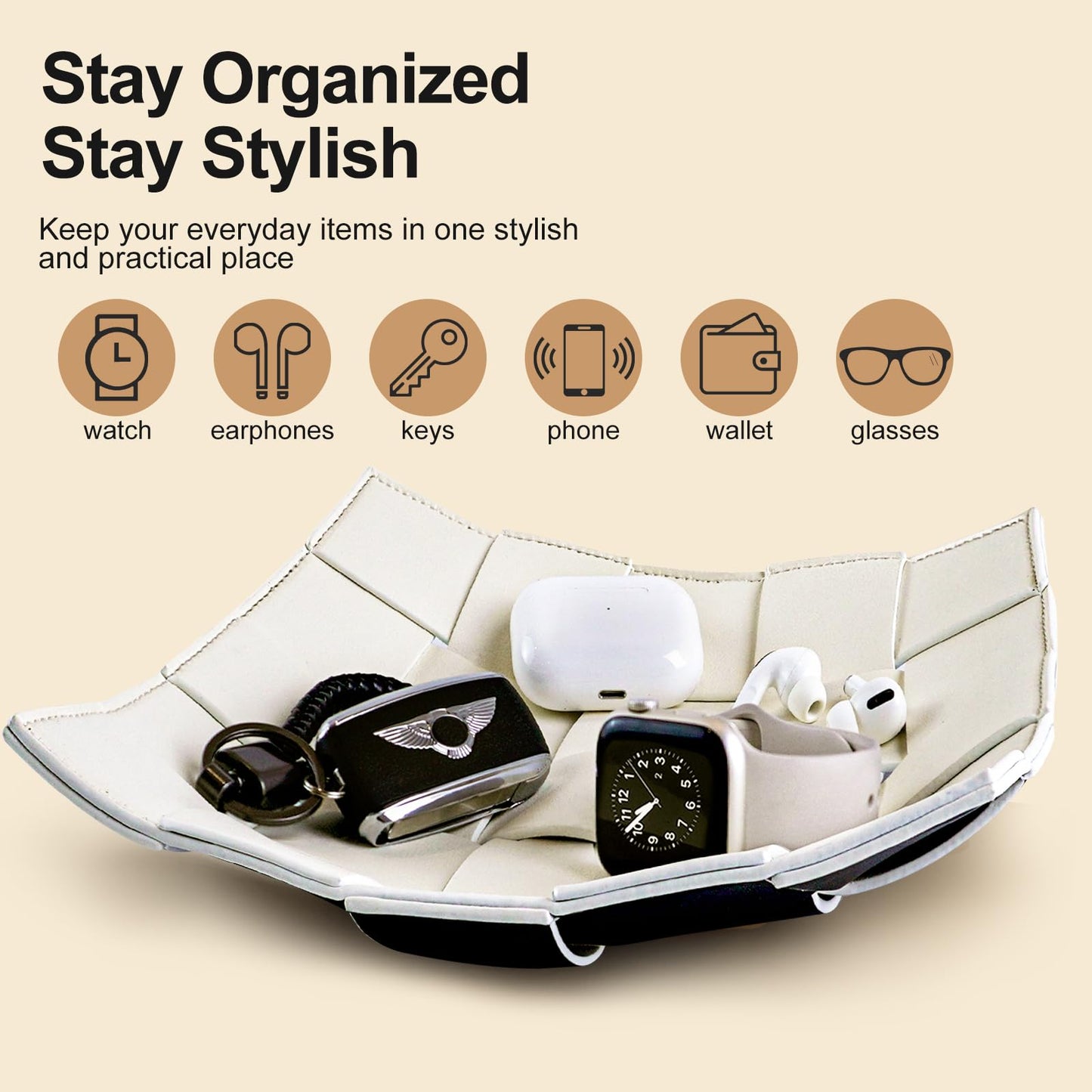 MSJGA Valet Tray for Men and Women PU Leather Key Holder Bowl for Entryway Table Bedside Nightstand Desk Catchall Organizer Tray for Wallet, Watch, Key, Phone Men's Gift - 9.8" L x 9.8" W x 2" H