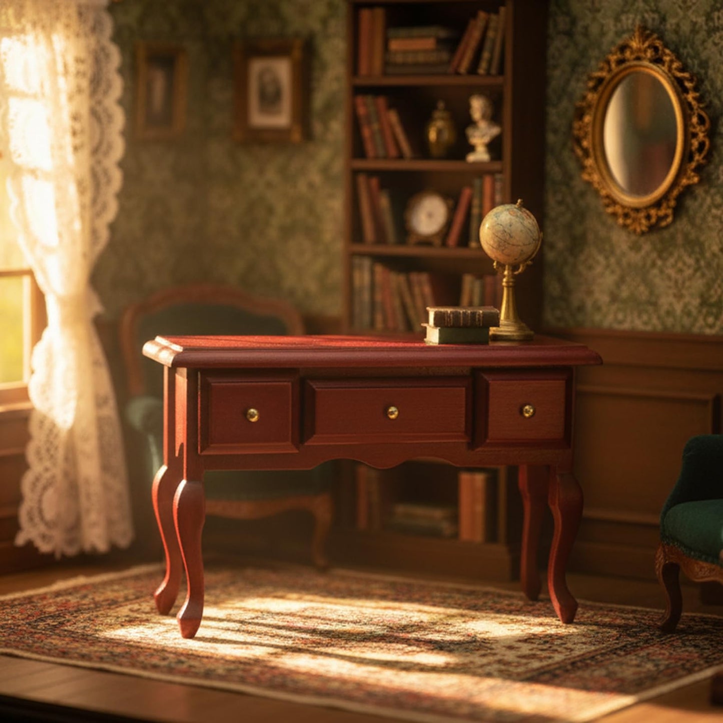 Miniature Table 1:12 Furniture for Dollhouse Accessories Writing Desk with 3 Drawers Miniature Room Ornaments Living Room Bedroom Library Scene Decoration (Brown)