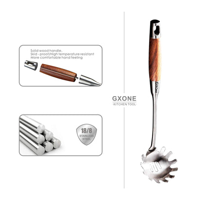 GXONE Spaghetti Spoon,304 Stainless Steel Pasta Spoon with Heat Resistant Wooden Handle,Silver/14.2Inch