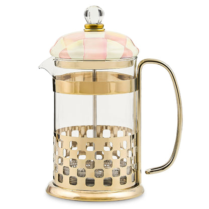 MACKENZIE-CHILDS Coffee French Press, Glass French-Press Coffee Maker, 32-Ounce Capacity, Pink-and-White Rosy Check
