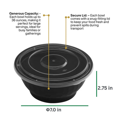 ProTakeOut, 36 oz, 20 Sets, Black Microwaveable Noodle Bowls with Lids Durable, Reusable & Leak-Resistant Food Containers | Microwave & Freezer Safe