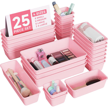 BiuLeon 25 PCS Plastic Drawer Organizers Set, 4-Sizes Vanity and Makeup Organizer, Desk and bathroom Drawer Organizer Trays, Organizers and Storage for Makeup, Jewelry, Gadgets, Utensils (Pink)