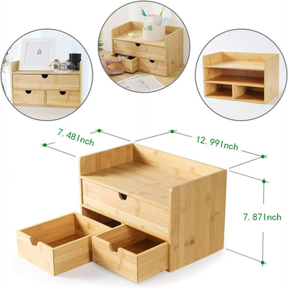 Wisuce Bamboo Desk Drawer Organizer, Desktop Organizer with Drawers Tabletop Storage Organization Box for Office Home Toiletries Supplies Vanity, No Assembly Required(1 with shelf-3 Drawers)