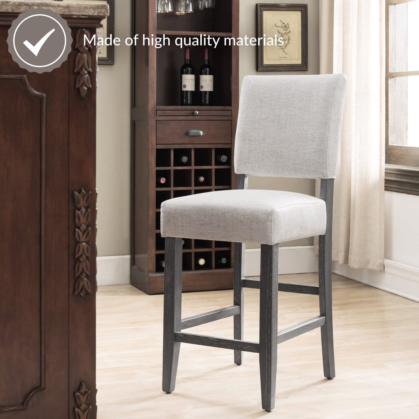 Leick Home Brax Counter Height Stool with Upholstered Back and Wood Base – Set of 4 for Elevated Kitchen Counters, High Top Tables, and Bars – Modern Chairs in Blackbean and Heather Gray, 214932